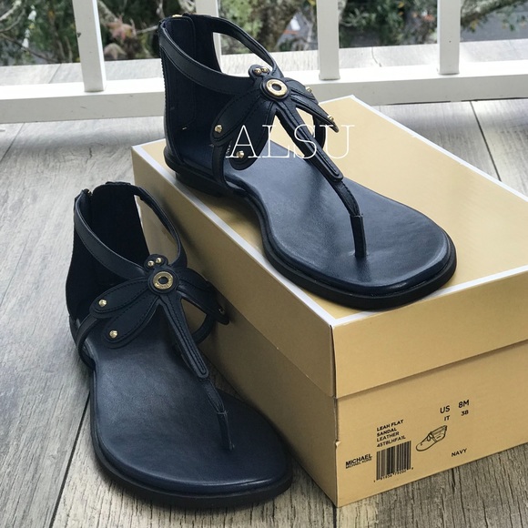 Michael Kors Leah Flat Sandal Leather Navy AUTHENT - Picture 2 of 7